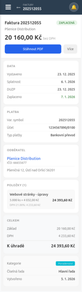 Mobilní verze - Detail faktury
